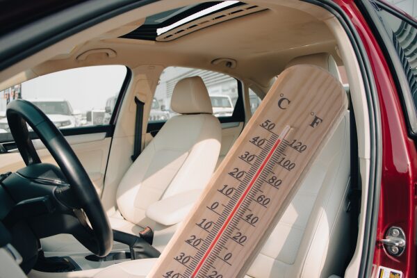 車内の温度を温度計で計っている