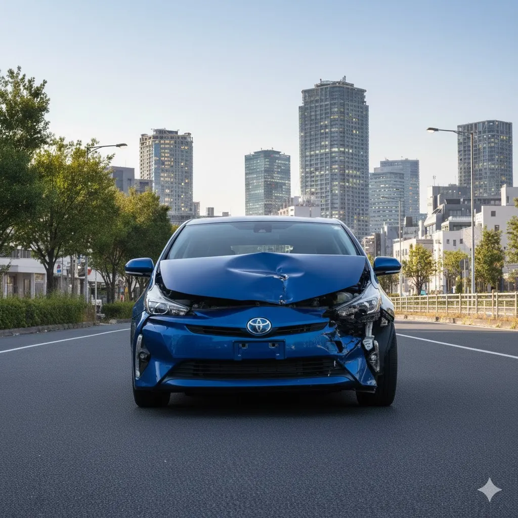 事故車のプリウス。フロントが損傷している