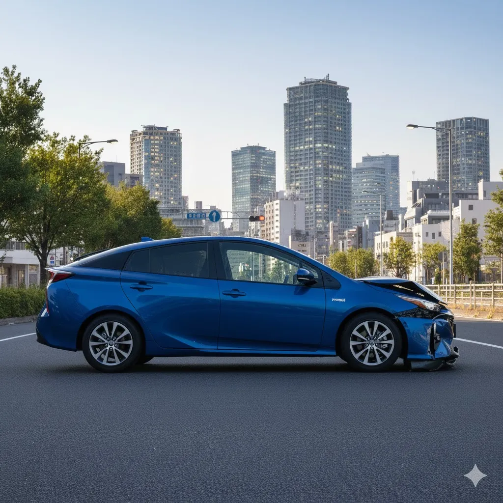 事故車のプリウス。サイドから見た損傷した状況。