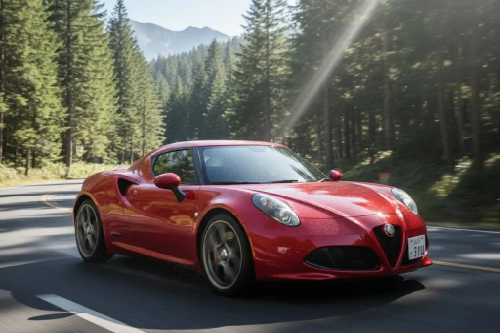MFG車種Red Alfa Romeo sports car driving on a mountain road