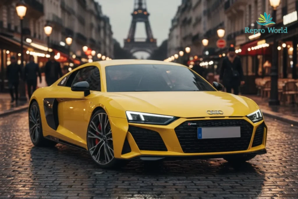 Audi R8 sports car parked on a Paris street with the Eiffel Tower in the background
