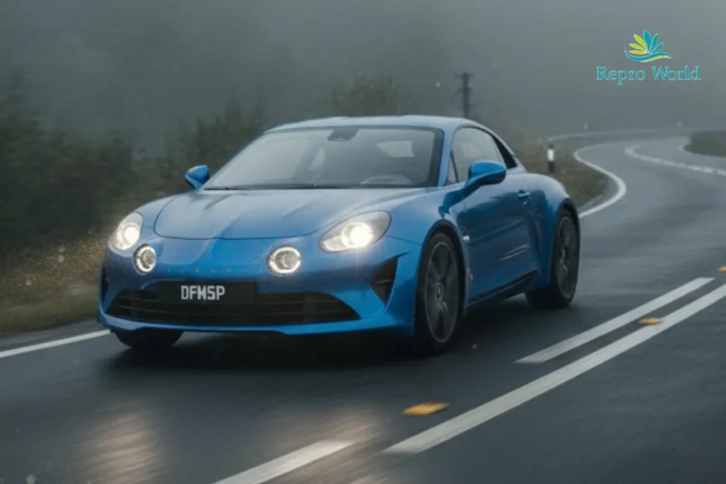 MFG車種。霧の山道を走る青いアルピーヌ