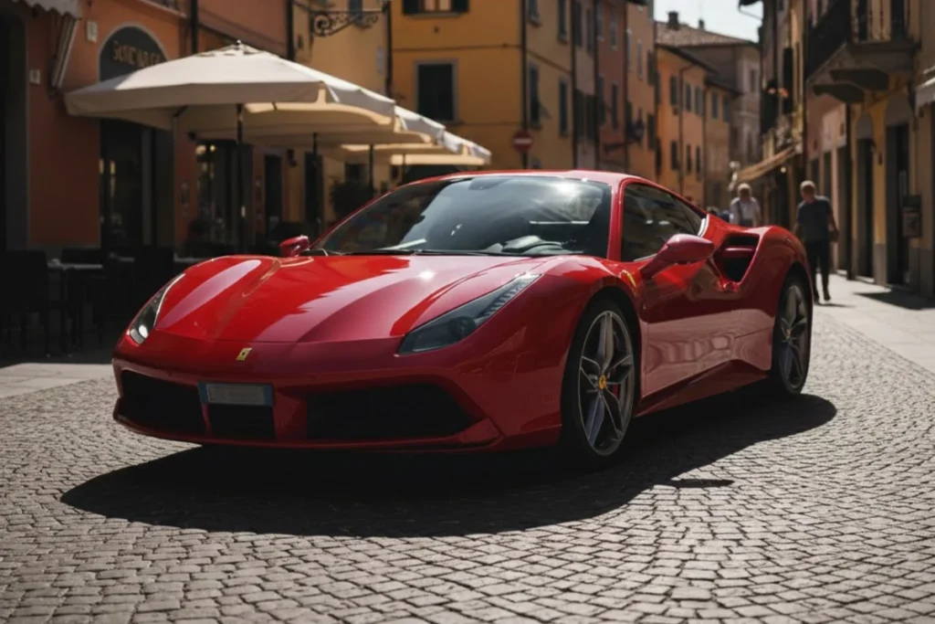 MFG車種Red Ferrari supercar driving through a historic European street