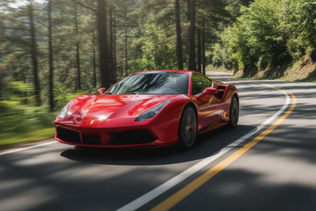 MFG車種Red Ferrari supercar driving on a forest mountain road