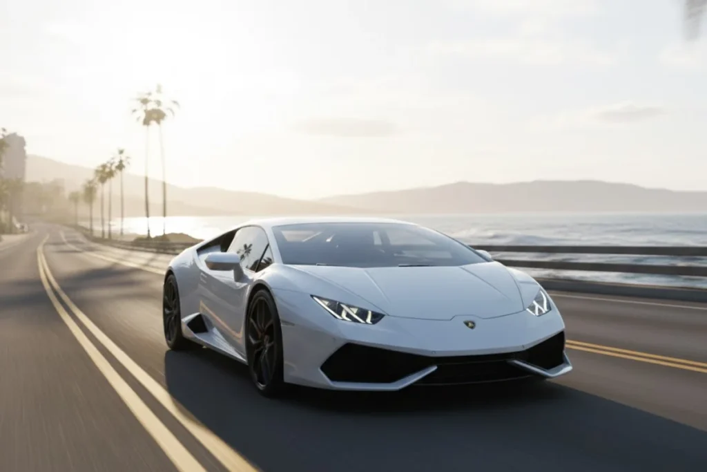 MFG車種White Lamborghini supercar driving along a coastal road