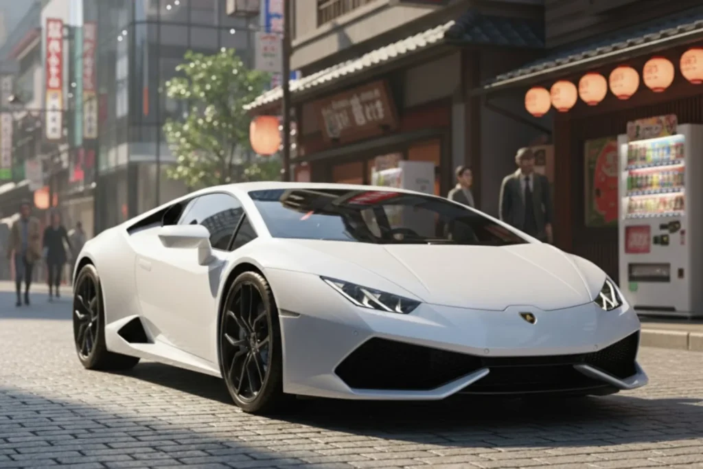 MFG車種White Lamborghini supercar parked on a Japanese city street