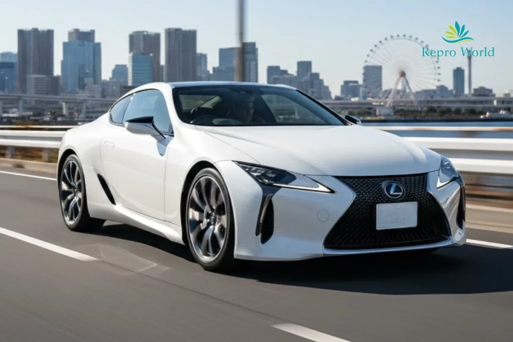 Lexus LC driving on an urban highway at night with city lights