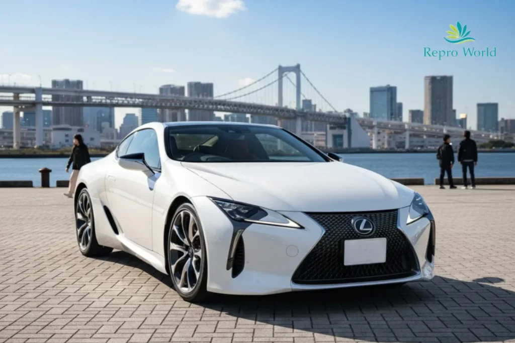Lexus LC luxury coupe parked near a waterfront with city skyline