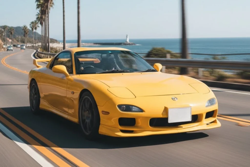 海沿いのワインディングロードを走行するマツダRX-7（FD3S）