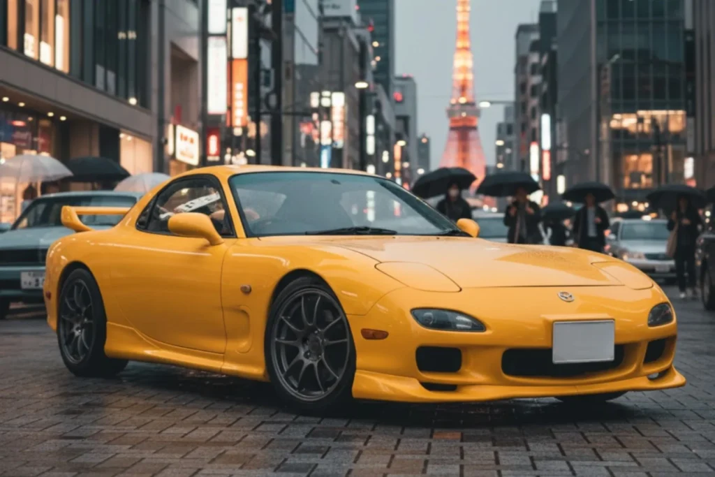 東京タワーを背景に夜の都心を走るマツダRX-7（FD3S）