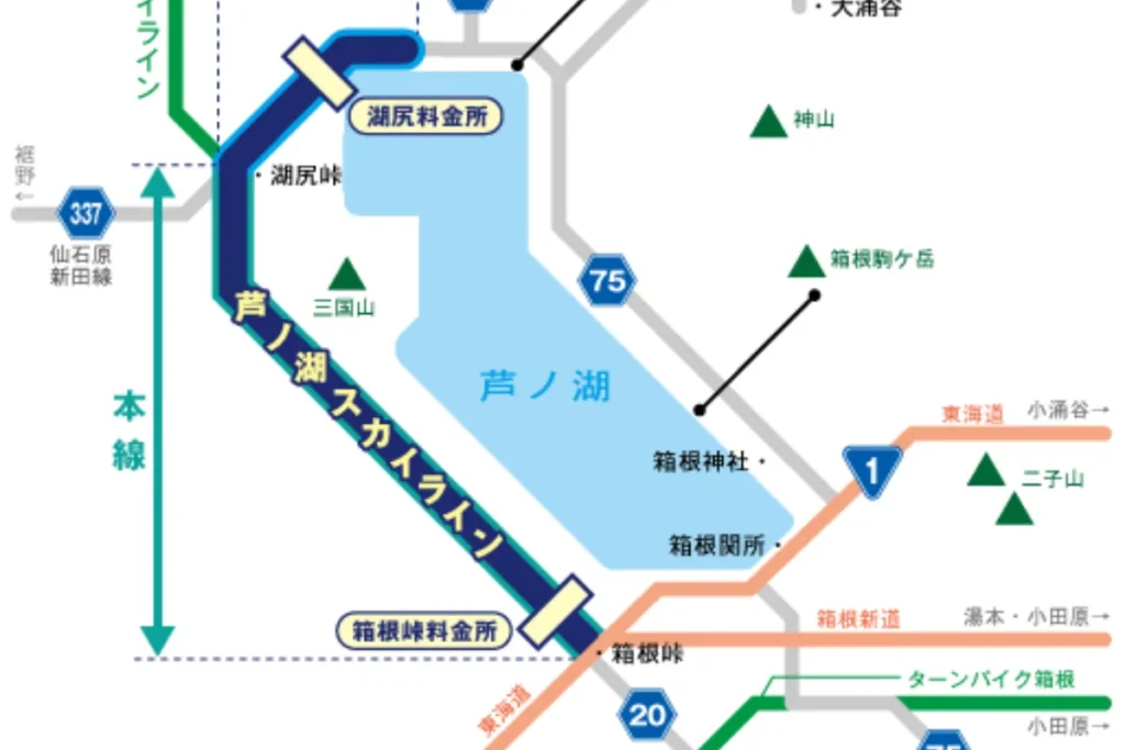MFゴーストに登場する芦ノ湖スカイラインの位置関係が分かる箱根周辺ルートマップ