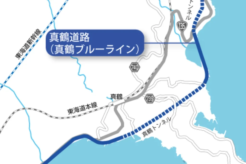 MFゴーストの公道レース舞台として知られる真鶴道路(真鶴ブルーライン)の位置関係マップ