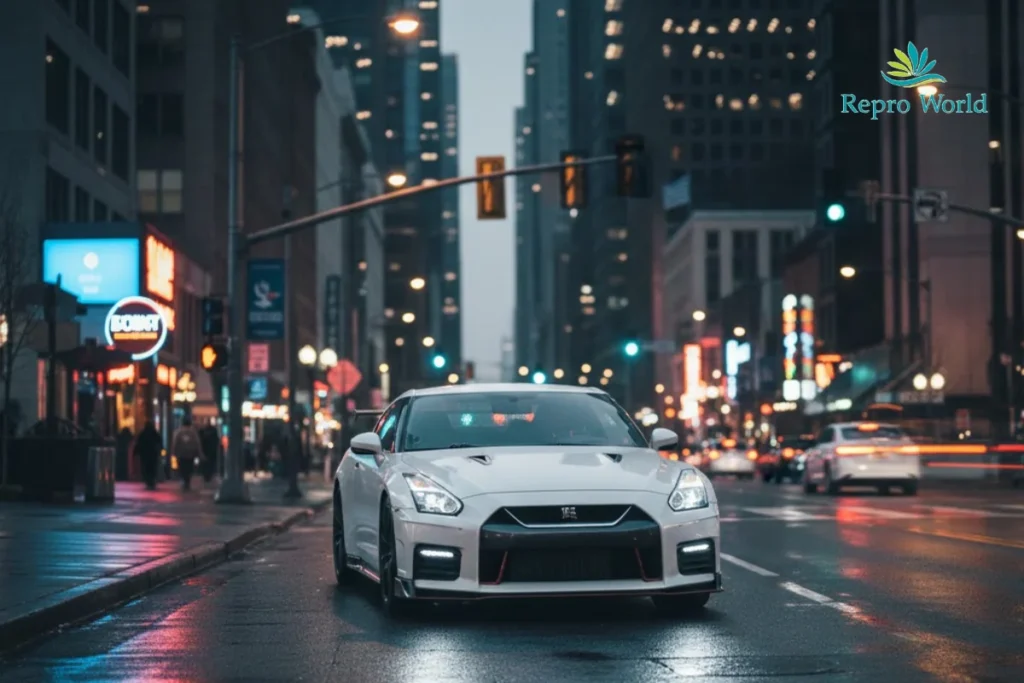 MFゴーストの車種Nissan GT-R driving through a city street at night with illuminated buildings