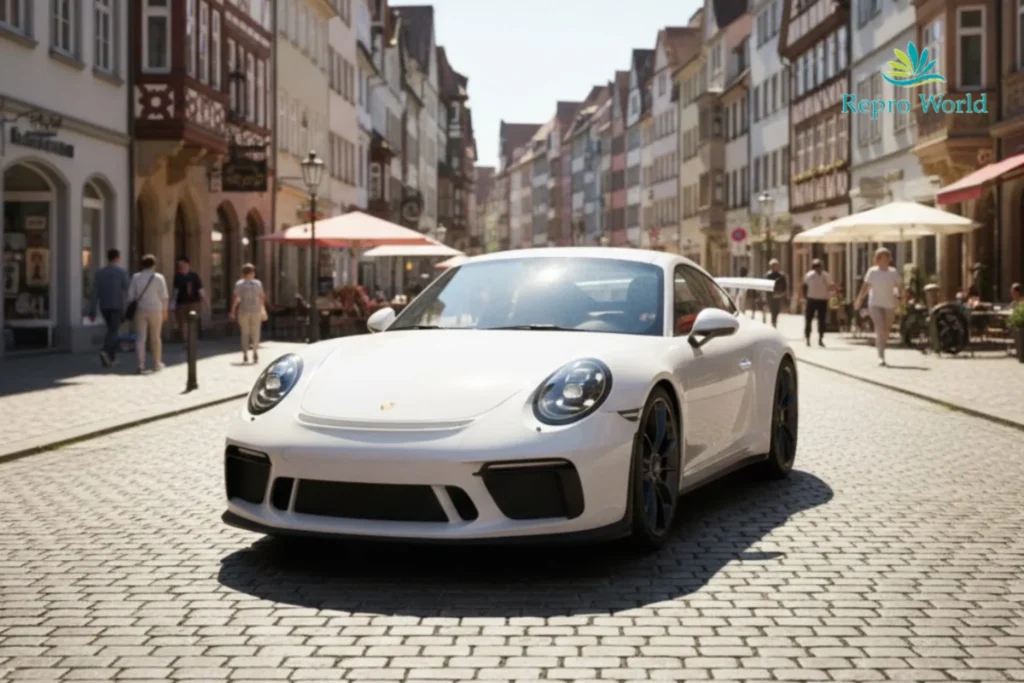 MFゴーストの車種Porsche sports car parked on a European old town street with cobblestone road