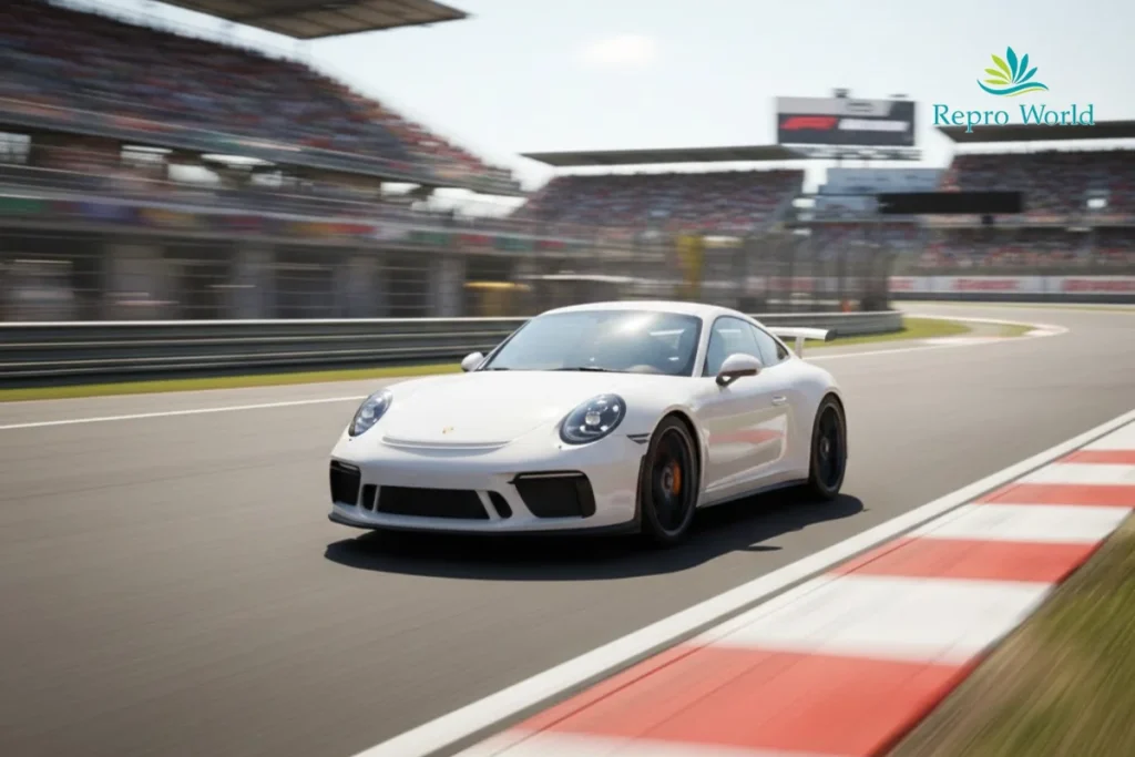 MFゴーストの車種Porsche sports car driving at high speed on a race track circuit