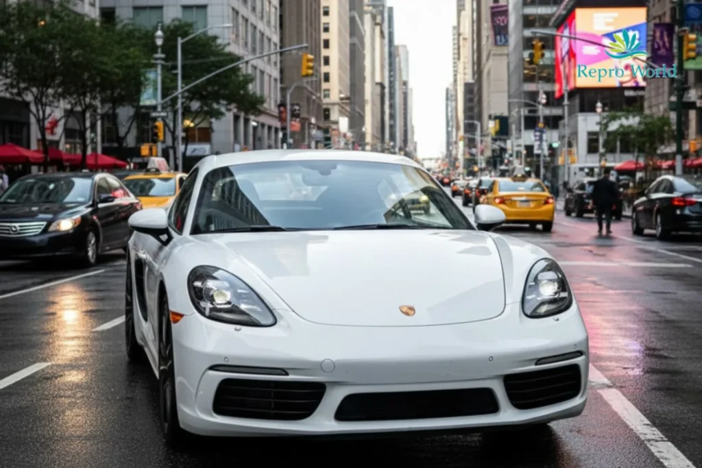 MFゴーストの車種Porsche sports car driving through a busy city street during daytime