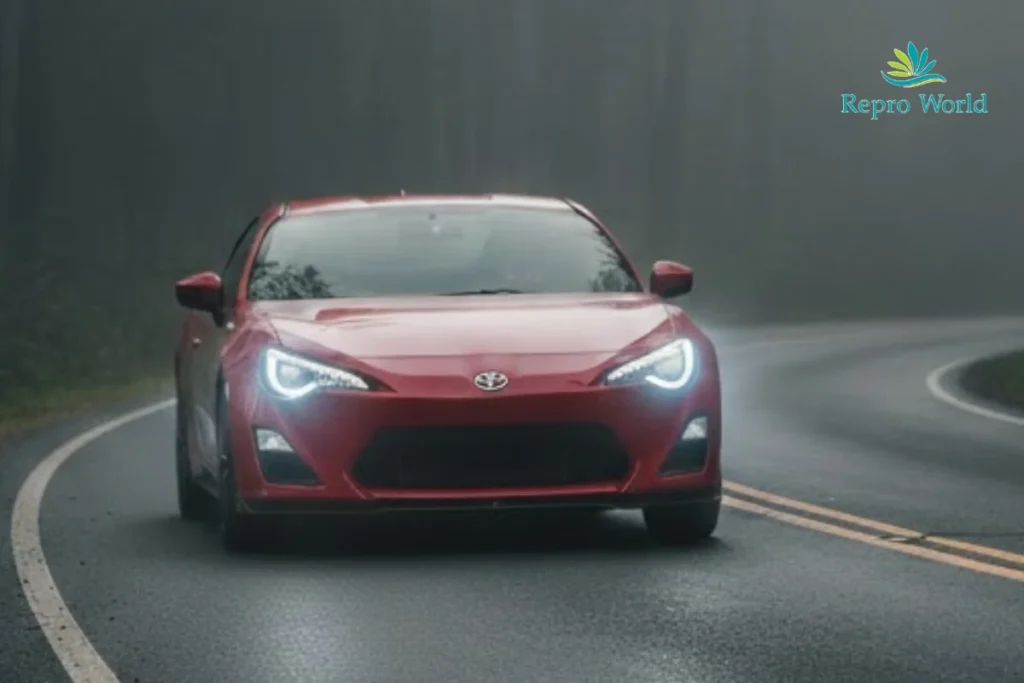 MFゴーストの車種Toyota 86 driving on a foggy mountain road at night with headlights on