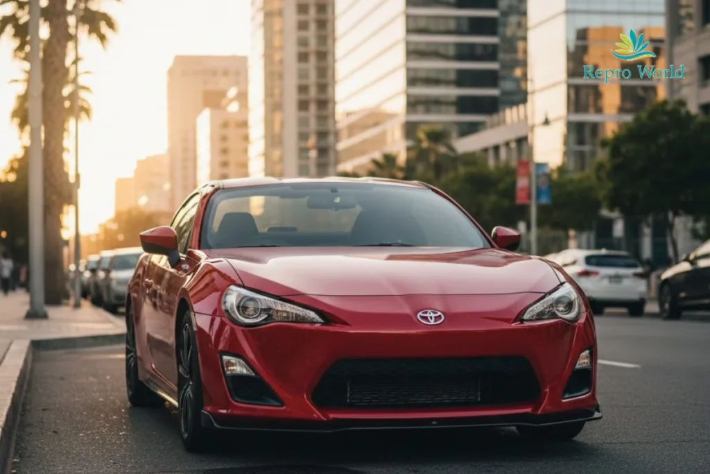 MFゴーストの車種Toyota 86 sports car driving through an urban city street at sunset