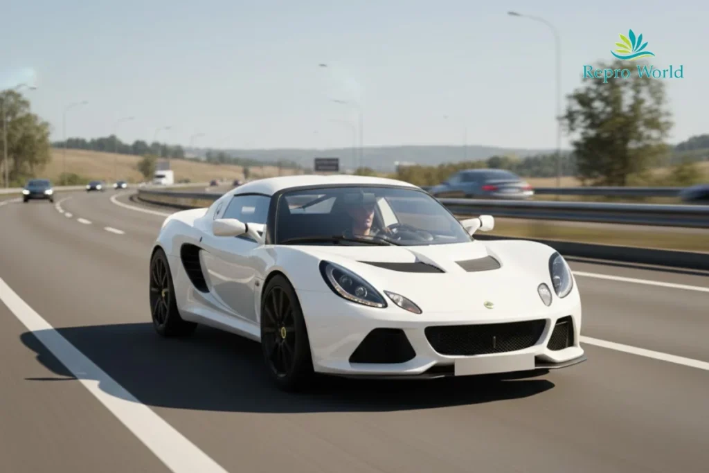 MFG車種高速道路を走行する白いロータスエキシージ