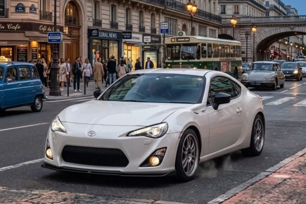 Toyota 86 sports car driving through a European city street
