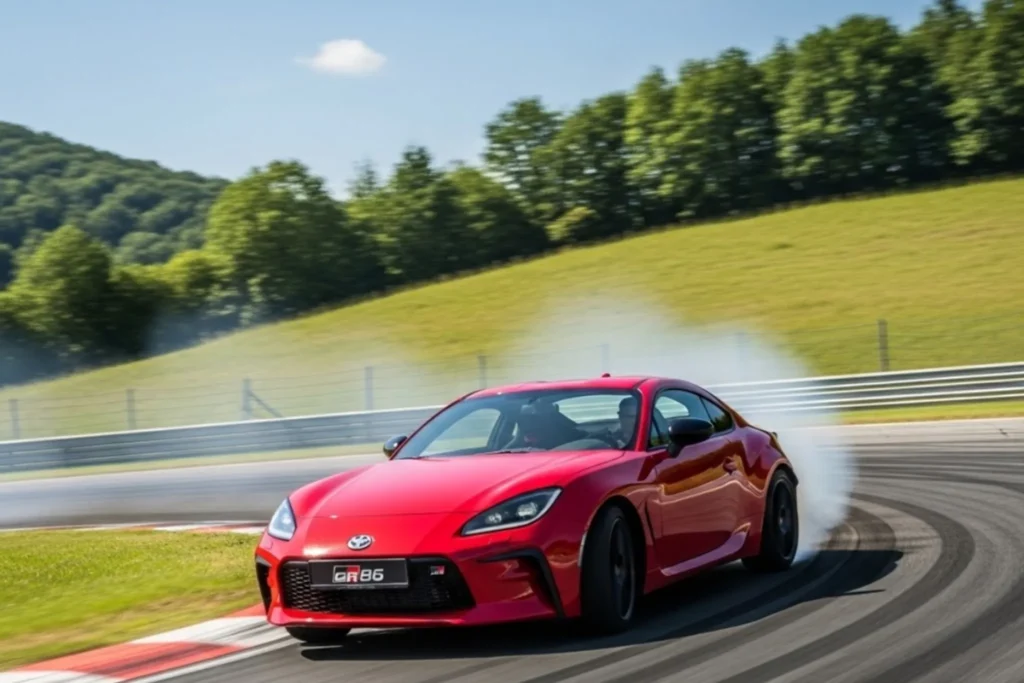Toyota GR86 drifting on racetrack corner